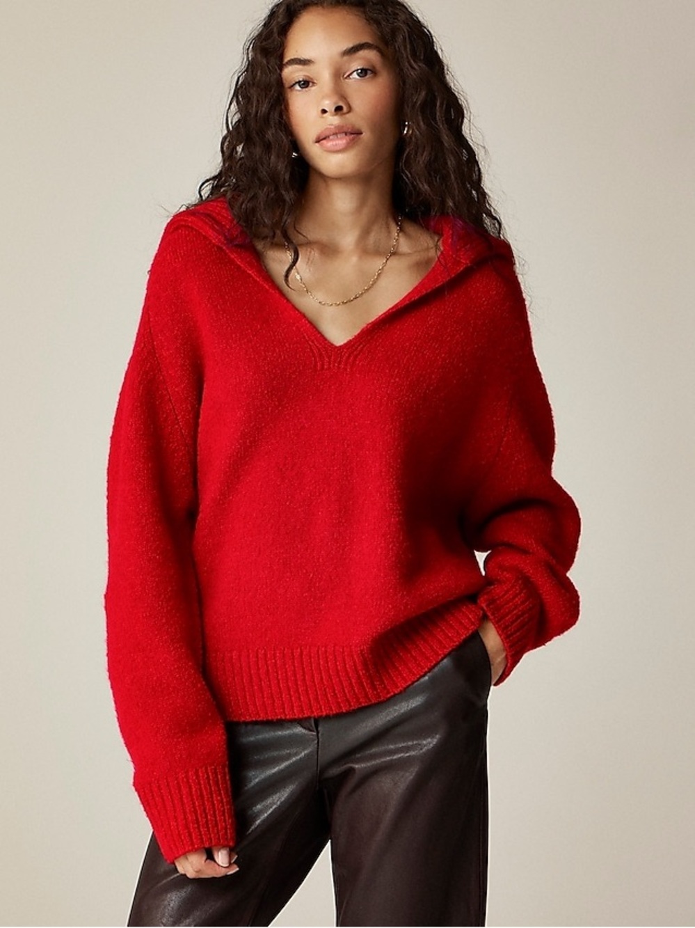 J crew Johnny-collar sweater with ribbed trim red merino wool alpaca wool